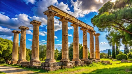 Ancient ruins of the Temple of Zeus at Olympia, Greece, surrounded by lush greenery and majestic Doric columns, under a bright blue sky.