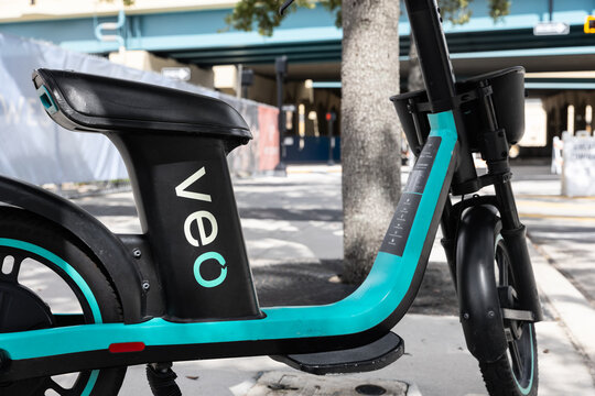 Orlando, FL, USA - August 24, 2024: Veo is a transportation providing their shared bikes and scooters in cities and universities for people to rent.
