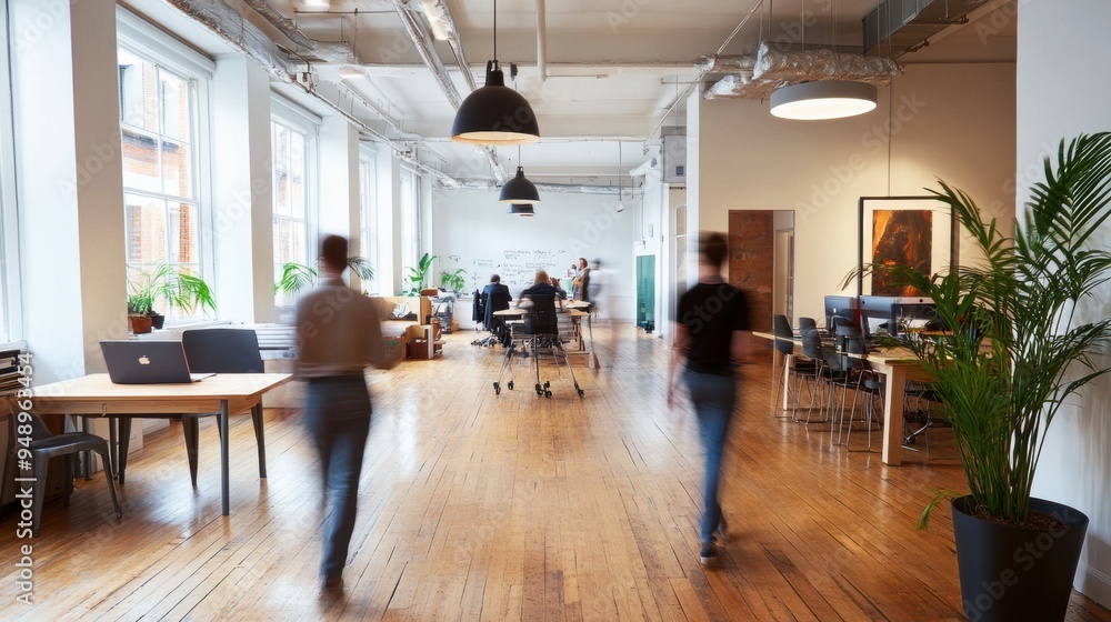 Canvas Prints a group of people walking through a large open room with desks, ai