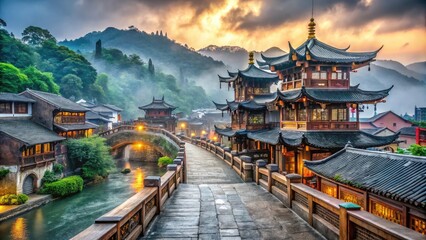 Fototapeta premium Ancient stone paved streets and intricately carved wooden bridges wind through majestic Chinese architecture in the historic old town of Lijing, surrounded by misty mountains.