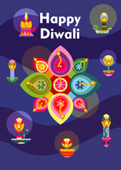 Happy diwali poster. Traditional indian holiday and festival. Leaflet and booklet. Greeting and invitation postcard. Colorful patterns and ornaments with candles. Cartoon vector illustration