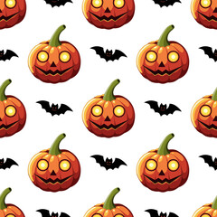 Seamless pattern with pumpkins and a bat on a white background