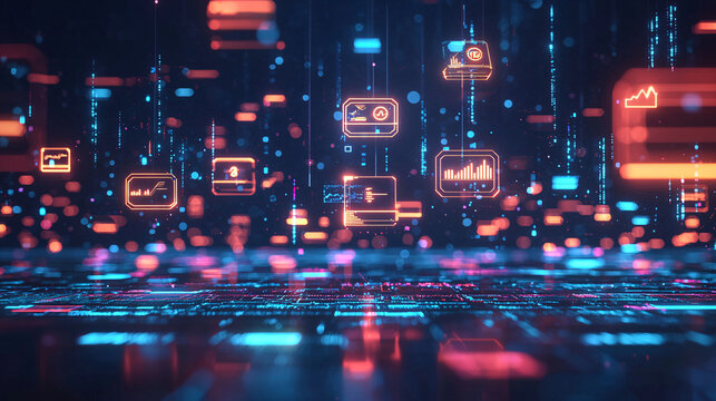 A 3D digital asset tracker with floating asset icons and data, symbolizing the real-time monitoring and management of financial assets 