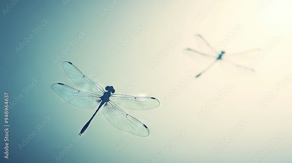 Poster a close-up of a dragonfly flying in the sky with another dragonfly in the background