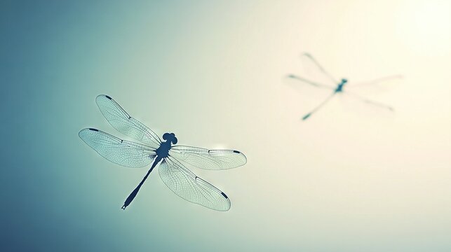   A close-up of a dragonfly flying in the sky with another dragonfly in the background