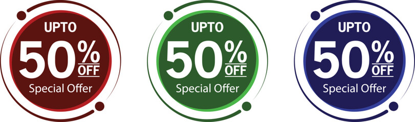 50% Off discount label red round tag marketing promotion sticker Shop Now isolated on white background