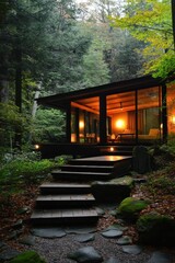 Cozy Forest Cabin Glow - A warmly lit cabin with large windows, nestled in a lush forest, offering a serene escape into nature's tranquility.