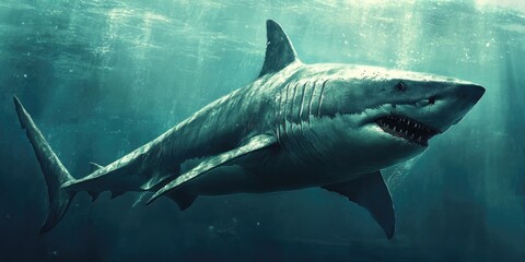 Fototapeta premium Shark Profile - Megalodon Side View. A Powerful Prehistoric Giant Fish Predator