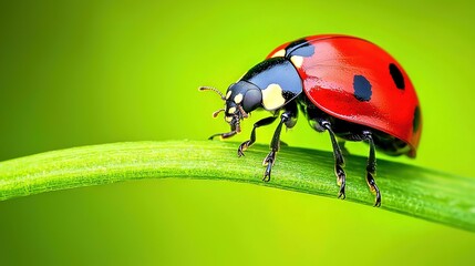 Fototapeta premium A close-up of a red and black beetle on a green leaf with a dark spot on its back