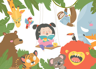 Little girl reading book with cartoon animal. Lion,tiger,giraffe,slot