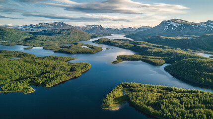 Fototapeta premium An aerial view of a body of water surrounded by lush green trees and snow-capped mountains in the distance