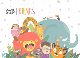 Little boy with cartoon animal. Happy friends