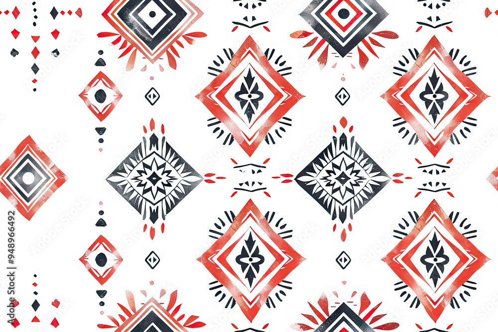 Poster a complex pattern with ethnic motifs in red and black tones.
