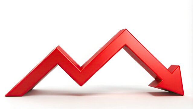 A red downwards trending arrow icon overlaid on a white background, symbolizing decline, downturn, or negative growth in business, finance, or economic performance metrics.