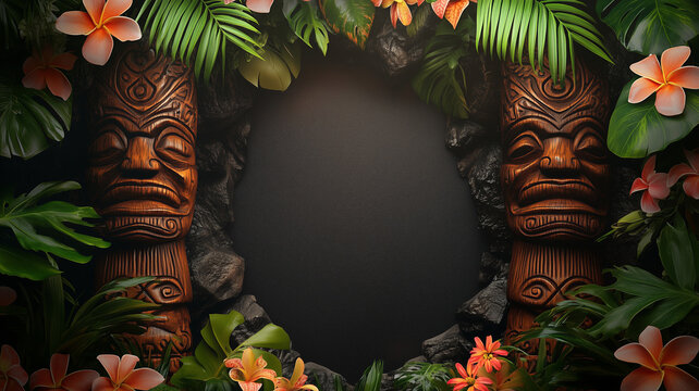 Tiki mask carved wood sign for custom message, design;  blackboard texture surface for custom type and graphics - a border of palm leaves, flowers and wood masks, sign - island party invitation