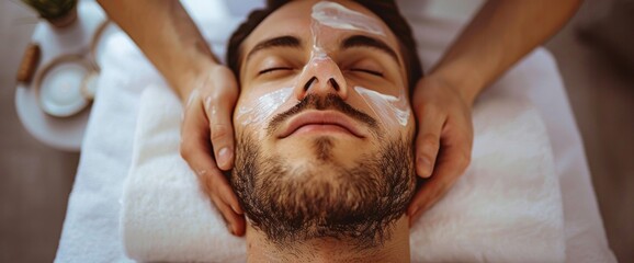 Relaxing facial treatment for a man at a spa with gentle hands applying cream in a serene environment. Wide web banner.