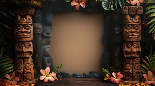 A jungle tiki theme sign for a custom message or design a rustic black texture chalkboard, custom type and graphics - a border of palm leaves, flowers and wood masks, sign - volcano rock
