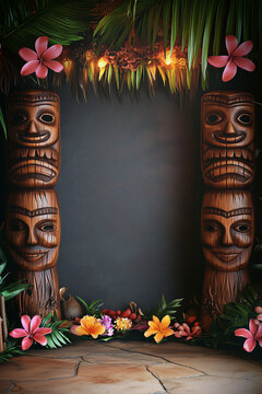 A Hawaiian tiki theme sign for a custom message or design a rustic black texture chalkboard, custom type, graphics ; a border of palm leaves, flowers and wood masks, sign, vertical