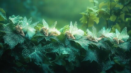Fototapeta premium A cluster of verdant fairy tinkerbells perched atop a dense emerald foliage, adorned with water droplets