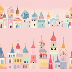 Fototapeta premium Kremlin style russian buildings and Moscow cityscape in a Flat design illustration seamless pattern. Pastel colors