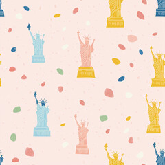 Statue of Liberty flat design, pastel seamless repeating USA pattern