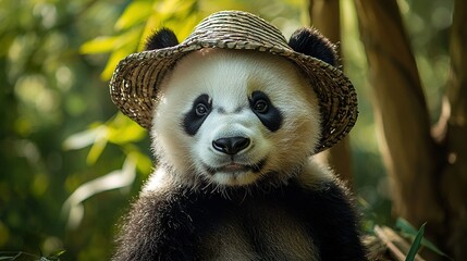 Obraz premium A monochromatic panda bear wearing a straw hat and smiling directly at the camera