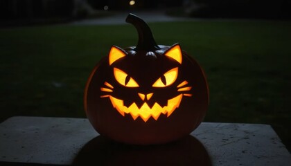 Glowing Cat Face Jack-O'-Lantern with Sharp Eyes - Halloween Pumpkin Carving at Night