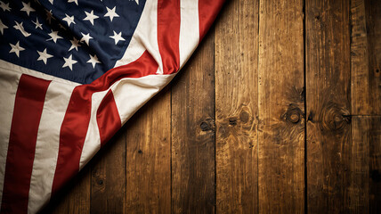 Obraz premium A classic American flag with its iconic stars and stripes is beautifully draped diagonally across rustic wooden planks, providing a patriotic and textured background element