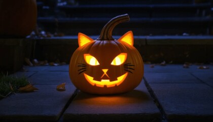 Glowing Cat Face Jack-O'-Lantern with Sharp Eyes - Halloween Pumpkin Carving at Night