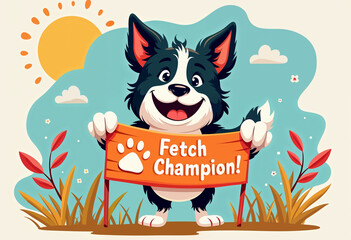 An energetic Border Collie holding a banner that says 'Fetch Champion!' with a paw print design on the banner.