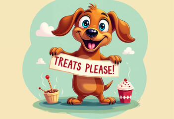 A mischievous Dachshund standing on its hind legs, holding a banner that says 'Treats Please!' with a hopeful look.
