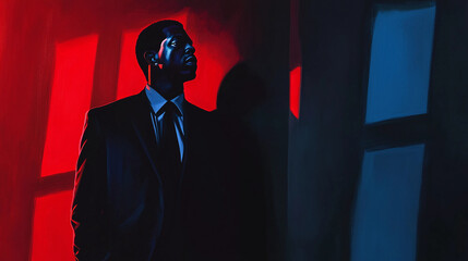 Cinematic Portrait of a Man in Suit under Blue and Red Dramatic Lighting in Dark Setting

