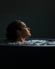 Serene woman immersed in warm bath water lying gracefully in tub against dark backdrop side perspective high-resolution spa imagery intricately detailed isolated scene vibrant color grading hyper real