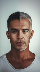 Obraz premium Cinematic portrait of an Brazilian man's symmetrical face split in two, showcasing youth and age with soft lighting and minimalistic background. 