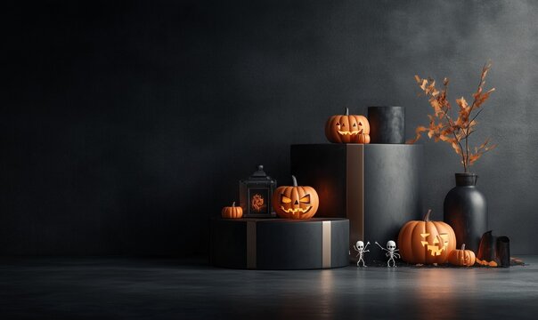 Un'atmosfera autunnale di Halloween con zucche, scheletri e foglie colorate su uno sfondo scuro, creando un contrasto perfetto.