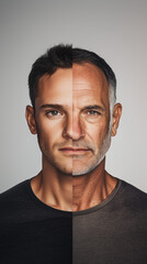 Obraz premium Cinematic portrait of an Caucasian man's symmetrical face split in two, showcasing youth and age with soft lighting and minimalistic background. 