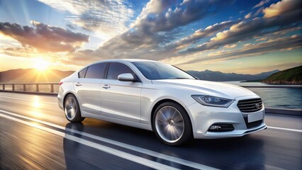 A sleek, modern sedan with a gleaming white finish speeds down a highway, its streamlined profile and sporty wheels capturing the essence of speed and freedom.