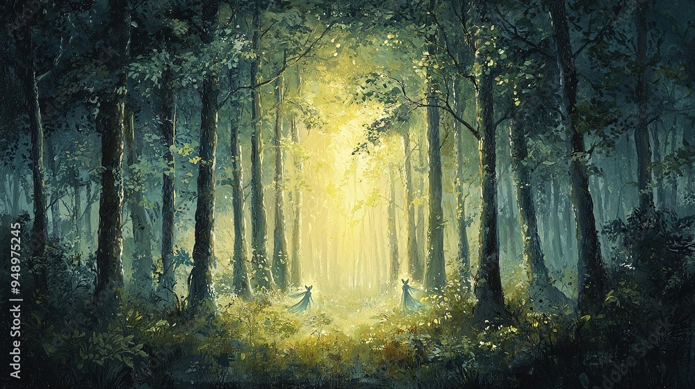 Poster two figures in a forest, surrounded by trees, with a beam of light shining from behind them
