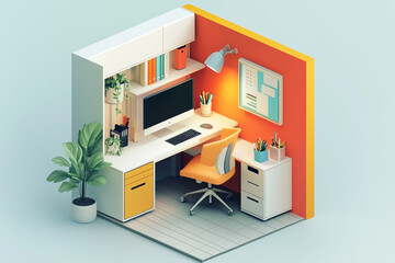 Compact and colorful home office nook with a white desk, yellow chair, and vibrant decor, ideal for small spaces