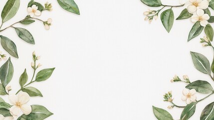 Fototapeta premium Elegant floral border with soft white flowers and lush green leaves on a clean background, perfect for invitations or stationery.