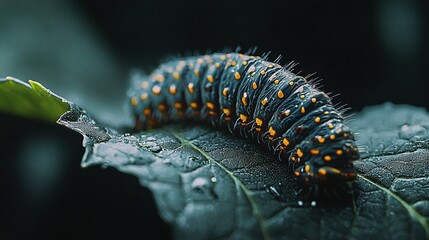   A close-up of a caterpillar on a leaf with water droplets on its backside