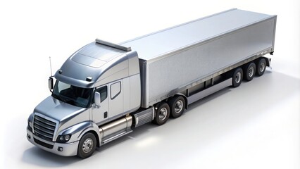 A sleek, silver semi-trailer truck is centered in a bright, white background, showcasing its rugged details and wheels from a direct top-down perspective.