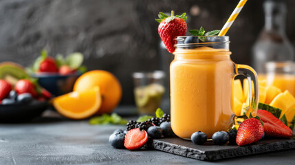 A vibrant orange smoothie served in a mason jar with fresh fruits like strawberries, blueberries, and oranges on a dark rustic surface.