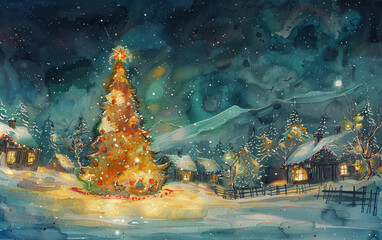 Enchanting Surreal Watercolor Illustration Celebrating Christmas