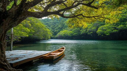 Okinawa Mangrove. Scenic Urauchi River Boat Ride through Evergreen Forest with Cascade Views