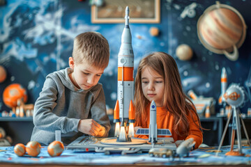 A young boy and girl in elementary school are enthusiastically building a scale model of a space rocket as a school project. Studying Science, Engineering, Space and Technology. 