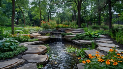 A beautiful garden with a stone walkway and a small waterfall