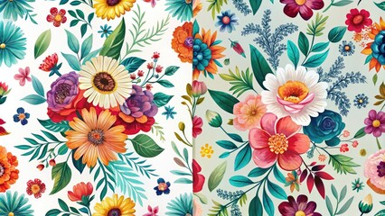 A split-screen image featuring a vibrant, stylized floral pattern on one side and a clean, minimalist white background on the other, perfect for contrasting designs.