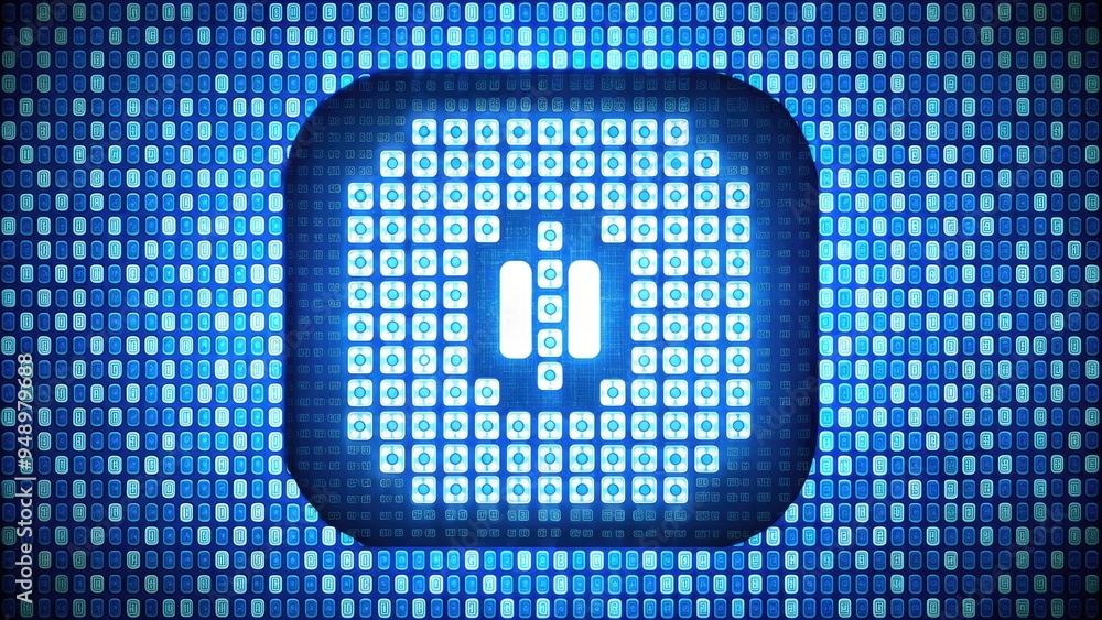 Wall mural A stylized blue and white icon featuring a stylized binary code pattern of 0s and 1s, symbolizing digital technology and computer programming.