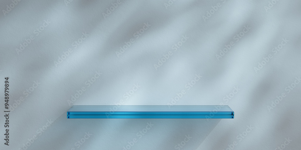 Poster white minimalist wall with glass shelf for product presentation. empty room with shadows of tree lea